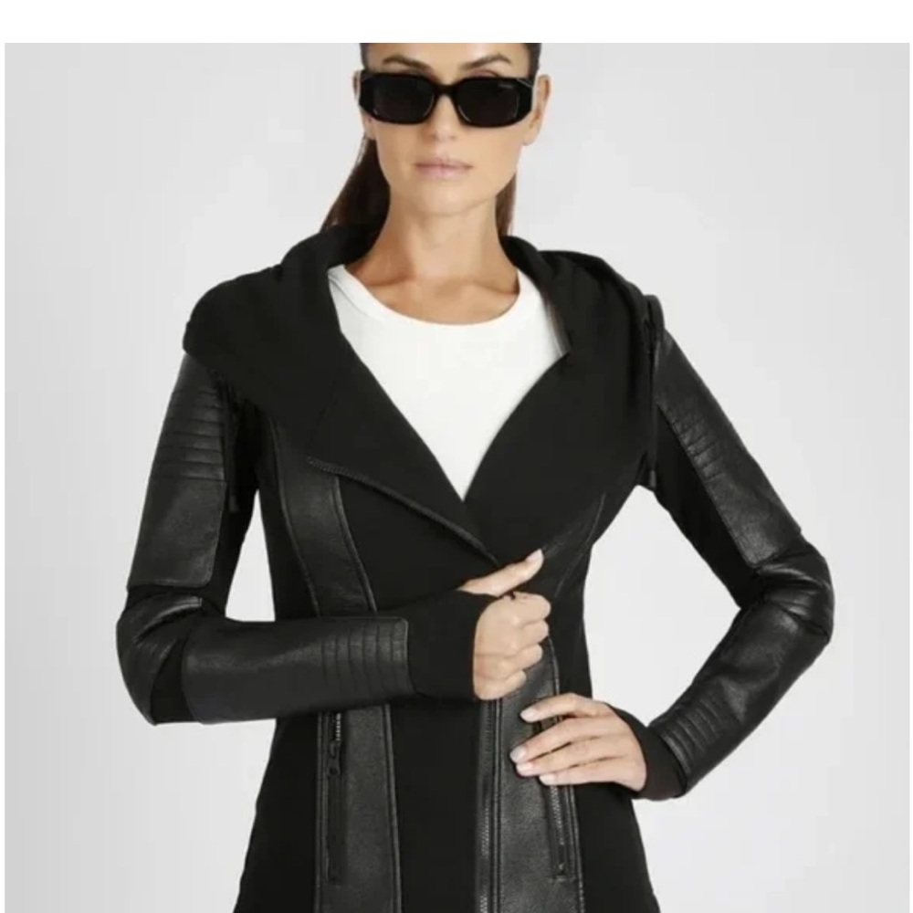 Blanc Noir Black Leather Hooded Jacket - Picture 3 of 6